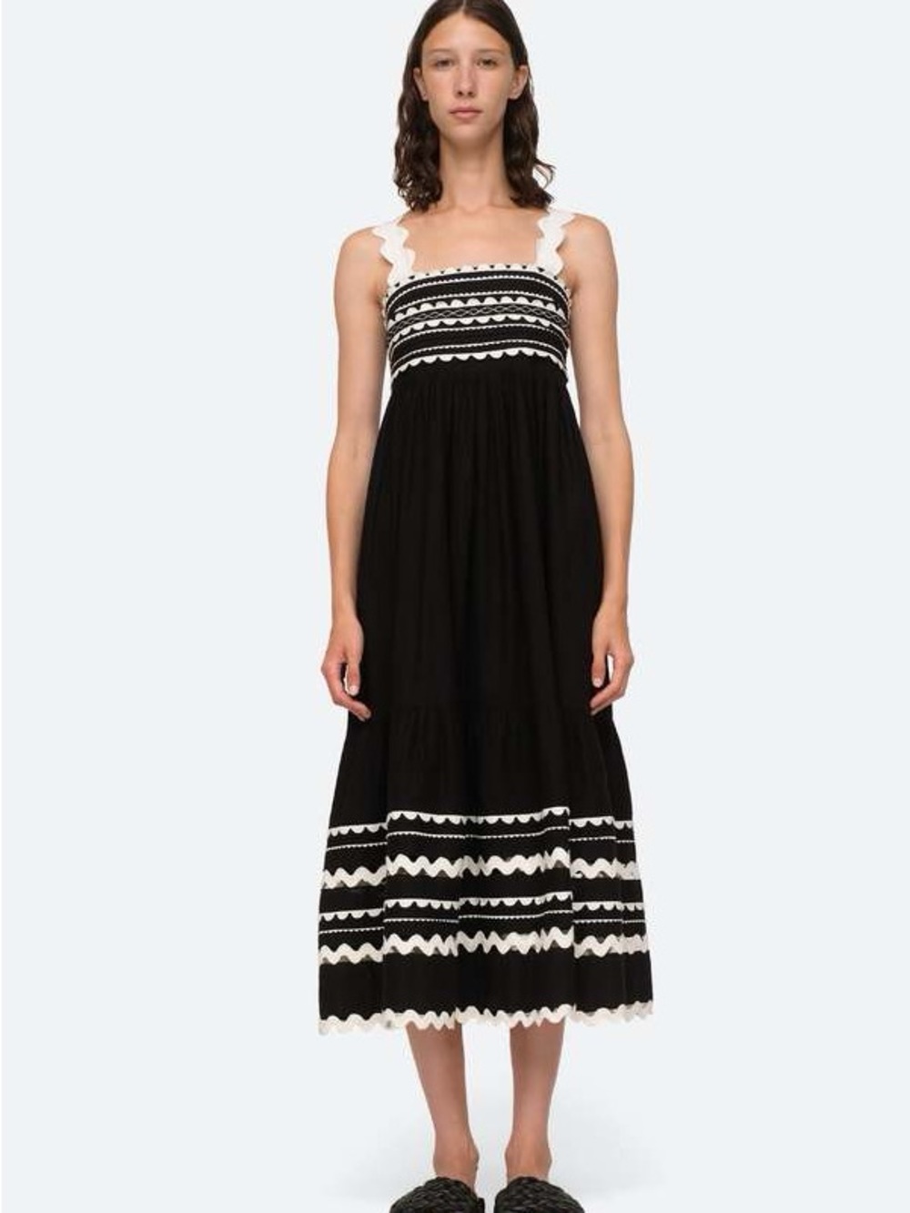 Sea New York - Ryleigh Ric Rac Sleeveless Dress Scalloped Trim Black 100% Cotton